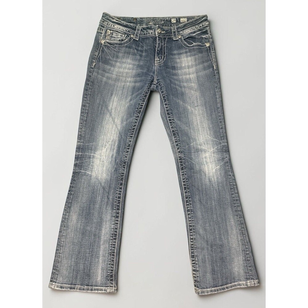 Miss Me Easy Jeans Womens 29 Boot Blue Medium Wash Embellished Flap Pocket 30x28